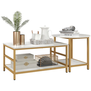 English Elm HOMCOM Modern 2-Piece Marble Top Coffee Table Set with Gold Steel Frame and 2-Tier Storage Shelves White W2225P200534