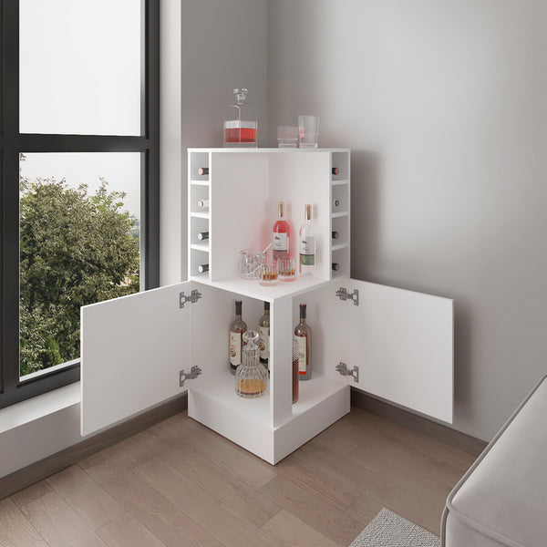 English Elm Bar Cabinet with Concealed Double Doors and 8 Wine Bottle Slots, Durable Engineered Wood Storage Solution White 47.2 L x 23.23 W x 4.72 H B097P296836