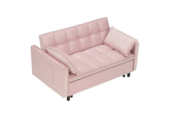 English Elm Modern Velvet Sofa Pull-Out Bed 3-in-1 Convertible Love Seat with Pillows, Spacious 500lb Support Pink W3371P314997