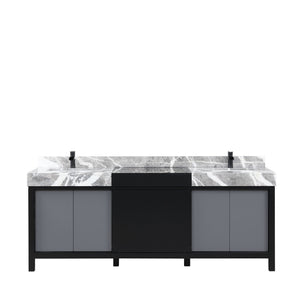 English Elm Black Double Bath Vanity 84" With Castle Grey Marble Top & Matte Black Faucet - Stylish Storage Solution B2731P261131