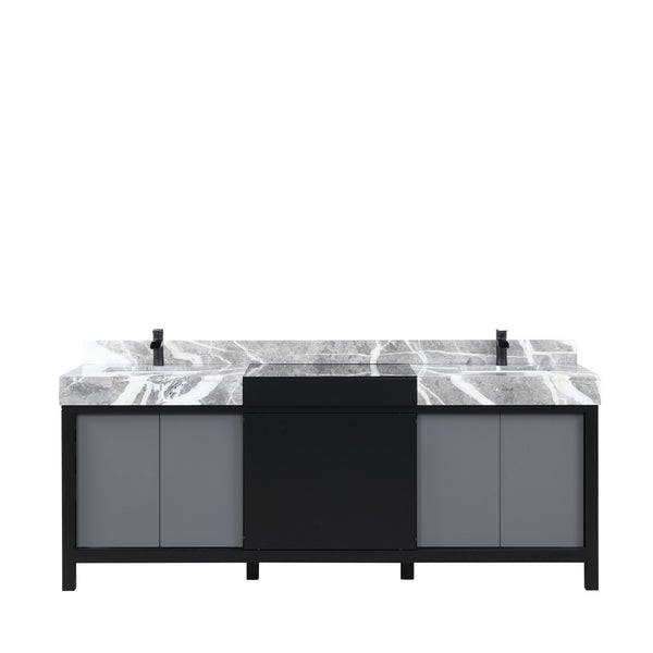 English Elm Black Double Bath Vanity 84" With Castle Grey Marble Top & Matte Black Faucet - Stylish Storage Solution B2731P261131