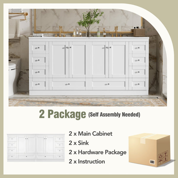 English Elm 72" Freestanding Shaker Bathroom Vanity Double Ceramic Sink Eight Soft Close Drawers N729P000032K