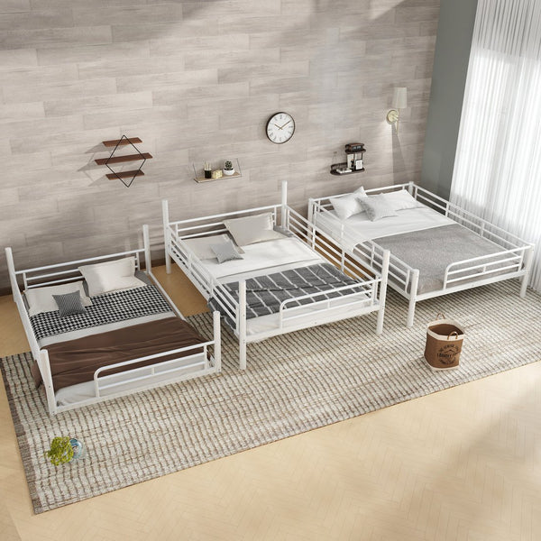English Elm Twin Triple Metal Bunk Bed Matte Powder Coated Frame with Full Safety Guardrails Light White W1580S00581