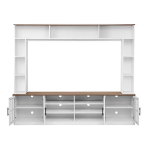 English Elm 95.5" Wide Modern Farmhouse Wall Unit with Tempered Glass Cabinets and Bookshelf Storage White SJ000157AAK