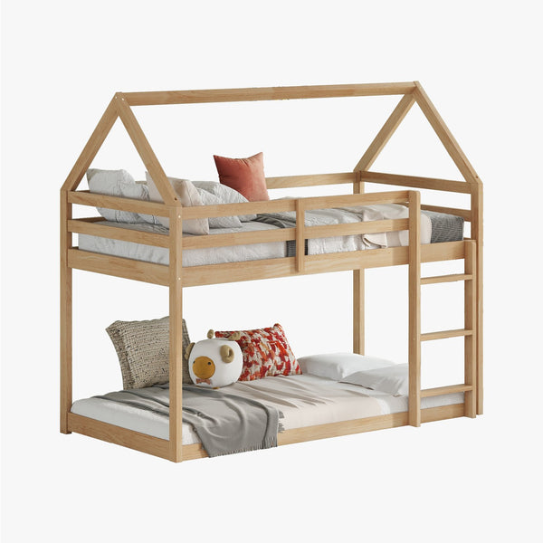 English Elm Twin Rubber Wood Floor Bunk Bed House-Shaped Design with Ladder Guardrails Sturdy Low-Profile Retreat White+Oak W504P206866