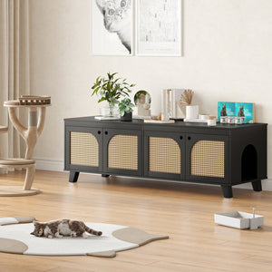 English Elm Double Hidden Cat Litter Box Enclosure with Rattan Doors, Two Spacious Compartments, Odor Control Stand Black T3623P380857
