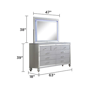 English Elm STERLING Glamour Elegance 4PC Queen Bedroom Set with LED Headboard, Mirror Accents & Gold Trim (Silver) 808857711342