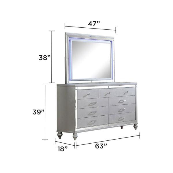 English Elm STERLING Glamour Elegance 4PC Queen Bedroom Set with LED Headboard, Mirror Accents & Gold Trim (Silver) 808857711342