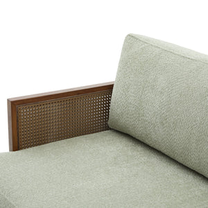 English Elm Emir Three Seat Boucle Sofa with Handwoven Cane Arms and Walnut Tapered Legs Light Green N773P285909G