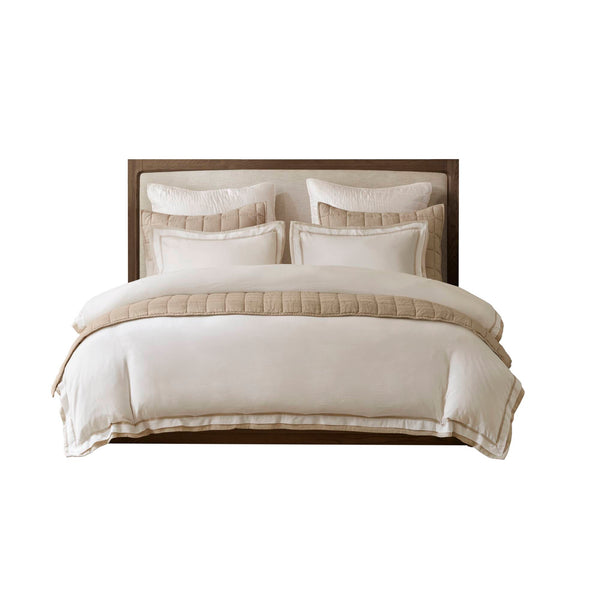 JLA Home Harbor House - Duvet Linen-blend Cover Set with Tailored Double-Flange Embroidery, Shell Buttons & Breathable Luxury White/Gold HHD12-1938