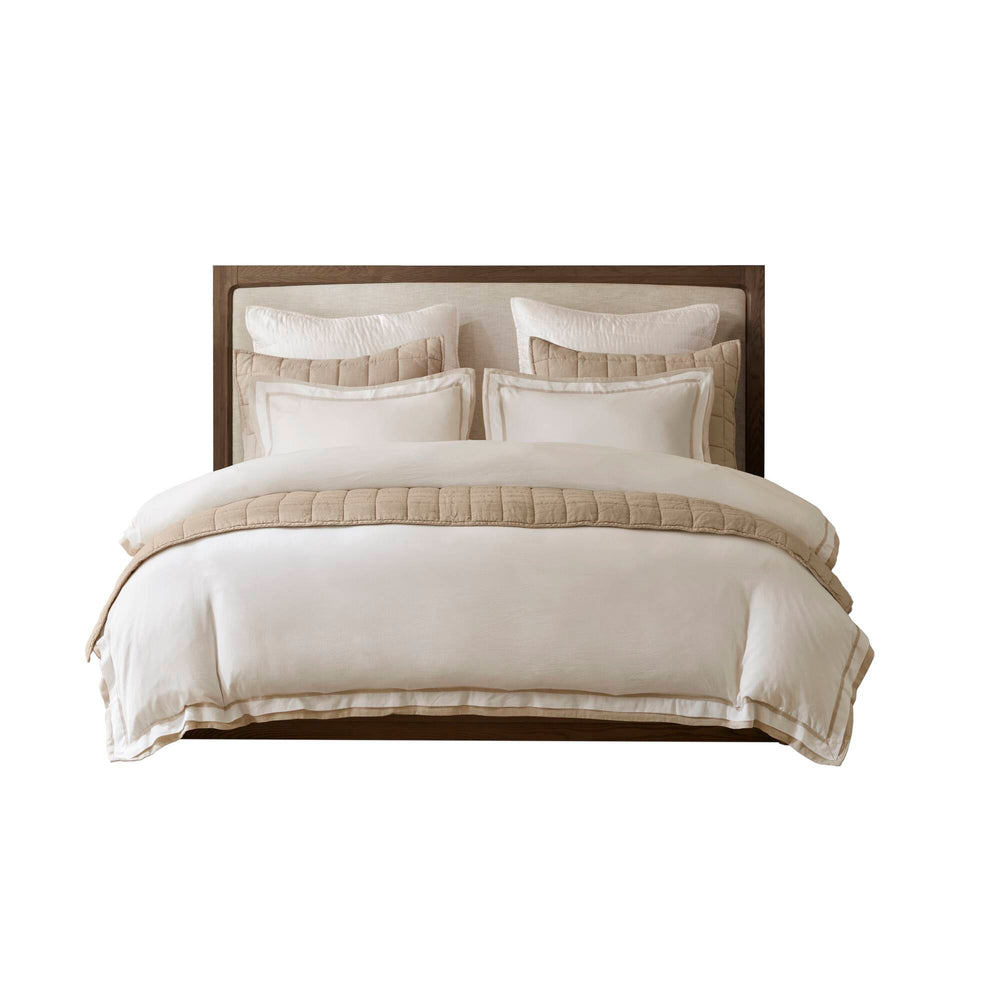 JLA Home Harbor House - Duvet linen blend cover with embroidered double flange, shell buttons & corner ties for coastal calm elegance White/Gold HHD12-1937