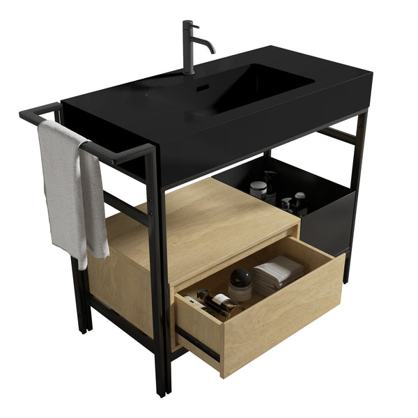 English Elm FORTE 36" Industrial Modular Bathroom Vanity with Durable Metal Frame, Quartz Basin, Soft-Close Drawer Black,Oak W1865S00175
