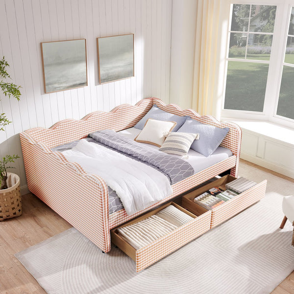 English Elm Queen Gingham Linen Daybed with Wave Backrest Two Storage Drawers and Usb Port Pink W1413S00150
