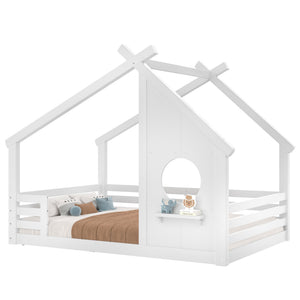 English Elm Twin House Bed Low Profile Pine Wood Frame with Shelf Montessori Kids Floor Sleeping Light White W5305P429644