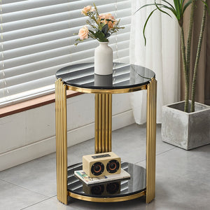English Elm 16.9inch Round End Table Dual Tier Black Tempered Glass Gold Steel Frame Modern Accent W3357P395504