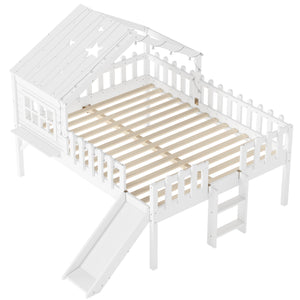 English Elm Twin Playhouse Loft Bed Solid Pine Frame with Slide Led Lights and Star Roof White W5316S00004