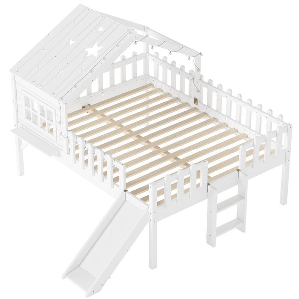 English Elm Twin Playhouse Loft Bed Solid Pine Frame with Slide Led Lights and Star Roof White W5316S00004