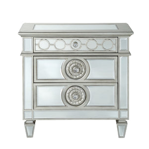 English Elm Glam Mirrored Nightstand with 2 Drawers and Crystal Knobs, Tapered Legs and Geometric Accents — Elegant Bedroom Storage Clear 22 L x 35 W x 29 H B2741P324362