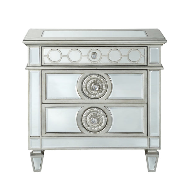 English Elm Glam Mirrored Nightstand with 2 Drawers and Crystal Knobs, Tapered Legs and Geometric Accents — Elegant Bedroom Storage Clear 22 L x 35 W x 29 H B2741P324362