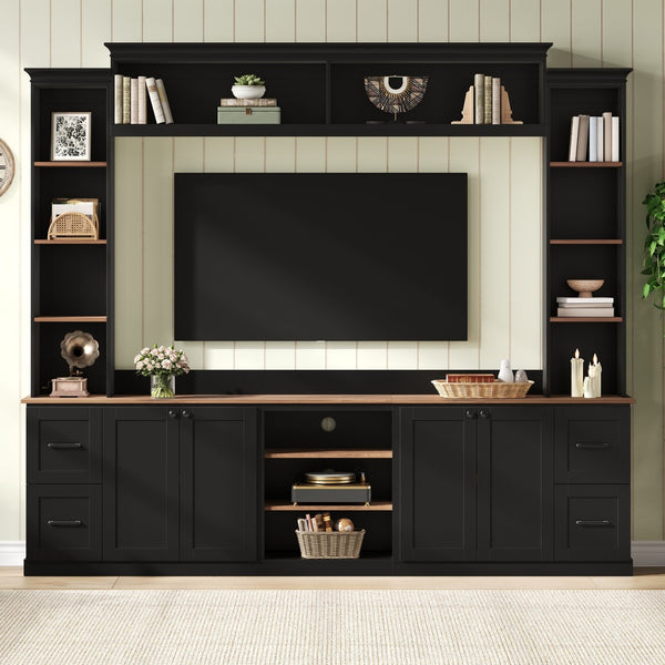 English Elm Unique Low Profile Media Console with Led Lighting Glass Shelves Fits Tvs to 105 Black N721S000077B