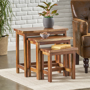 Christopher Knight Home® - Noble House - Camba Rustic Handcrafted Acacia Wood Nested Tables (Set of 3), Walnut