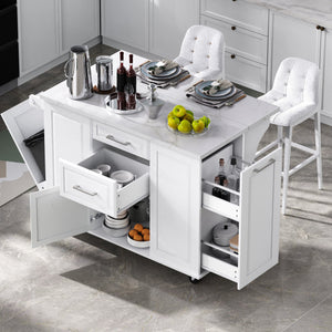 English Elm K&K Vintage Convex Kitchen Island Cart with Faux Marble Top, Tilt Trash, Pull-Out Organizer, Wheels White N707P299008W