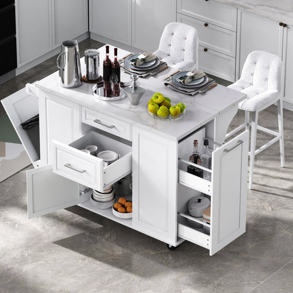 English Elm K&K Vintage Convex Kitchen Island Cart with Faux Marble Top, Tilt Trash, Pull-Out Organizer, Wheels White N707P299008W