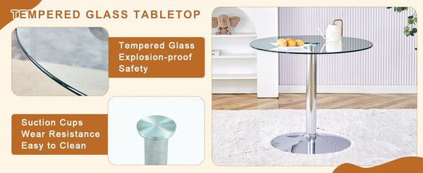 English Elm Table Set: 35" Round Transparent Glass Dining Table With 4 Black Pu Chairs & Silver Metal Legs W1151S03704-GIGA