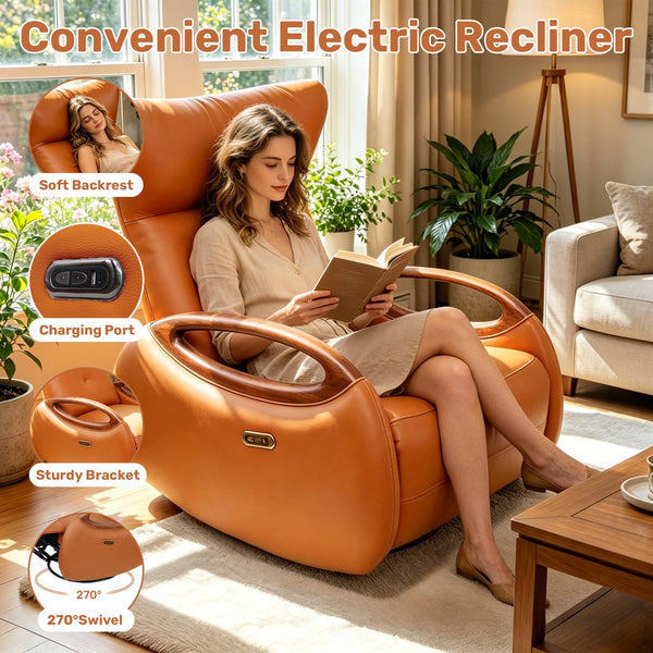 English Elm Power Reclining Swivel Chair Eco Leather Oak Armrests 260 Degree Lounge Seating Orange W3795P502502