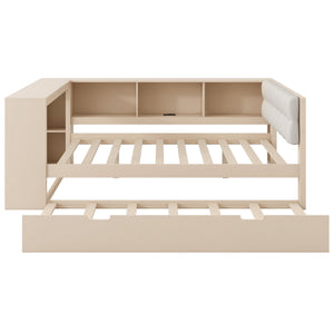 English Elm Wood Twin Platform Bed Linen Headboard Storage Shelves Trundle Charging Station Cream N709P004024C