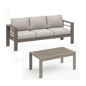 English Elm 2 Piece Outdoor Iron Patio Sofa Set with Thick Cushions and Wood Grain Coffee Table Light Khaki+Beige B082P455115