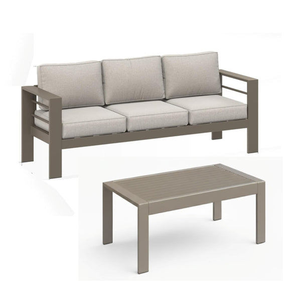 English Elm 2 Piece Outdoor Iron Patio Sofa Set with Thick Cushions and Wood Grain Coffee Table Light Khaki+Beige B082P455115