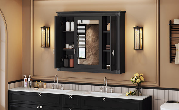 English Elm Bathroom Wall Cabinet with Mirror and 5 Shelves — Wall-Mounted Medicine Cabinet, Modern Storage Solution Black N710P252503B