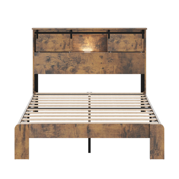 English Elm Queen Metal Platform Bed Dark Brown Storage Headboard with Usb Charging No Box Spring W636P419871