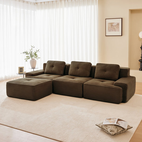 English Elm 117" Modern L-Shaped Modular Sectional Sofa - Versatile Corduroy Couch With Movable Ottoman & Tufting W714S01504