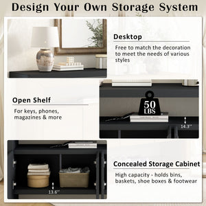 English Elm U_Style 60" Modern Minimalist Sideboard - Solid Wood Veneer Storage Console With Open Shelf Design N711P289132B-GIGA