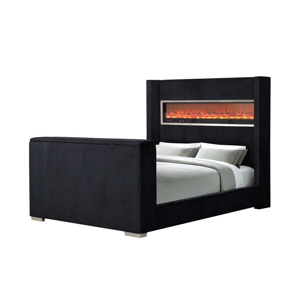 English Elm Black Queen Platform Bed Wingback Headboard Motorized Tv Lift Fireplace Bluetooth Black,Multi B2741S00797