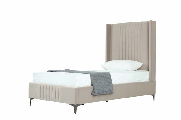 English Elm Promenade Upholstered Velvet Twin Bed with Vertical Stitched Headboard, Solid Slats, No Box Spring Needed taupe B365S00054