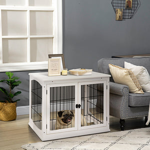 English Elm Pawhut White Dog Crate End Table with Arched Wire Windows and Dual Lockable Doors W2225P229155