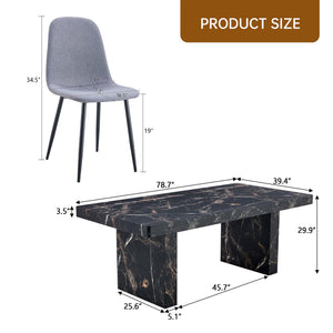 English Elm Table and Chair Set Seats Eight with Marble Pattern Mdf Top Brown Fabric Dining W1151S04134