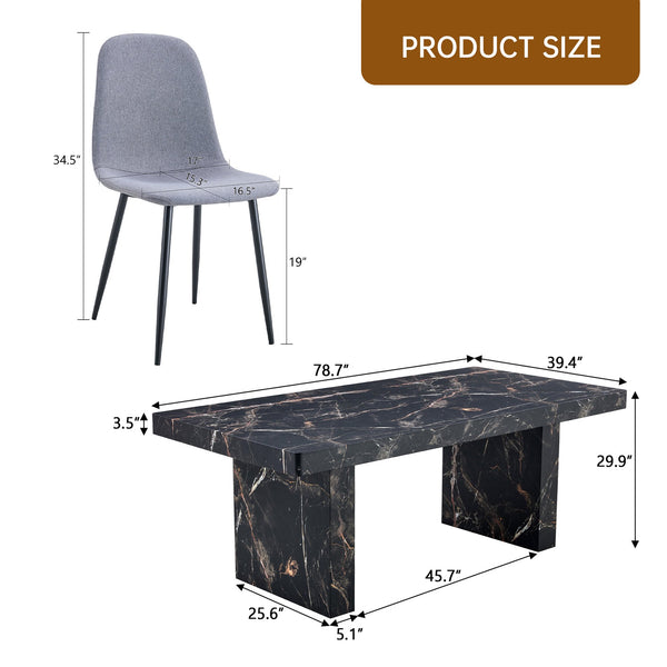 English Elm Table and Chair Set Seats Eight with Marble Pattern Mdf Top Brown Fabric Dining W1151S04134
