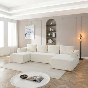 English Elm 132" Modular U Shaped Sectional Sofa with Corduroy Upholstery and Built in Cupholders W1117S00341