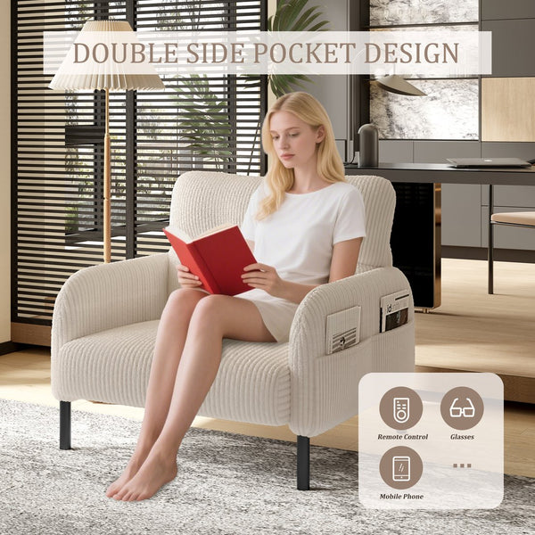 English Elm UNITED Corduroy Accent Chair with Ergonomic Curve, High-Density Foam Seat & Dual Side Pockets for Cozy Living Spaces Beige W1568P307257