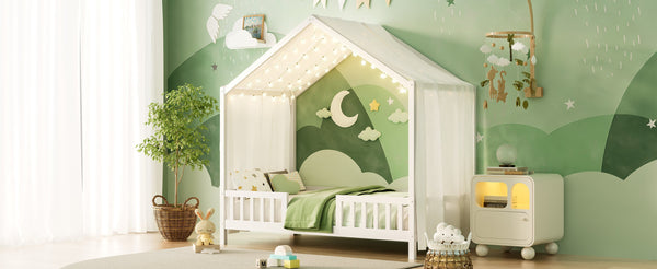 English Elm Montessori House Bed Frame Twin with Canopy & Full Guardrails, Cozy Kids Platform Bed for Toddlers White 81.5 L x 16 W x 6.6 H N733P356043K