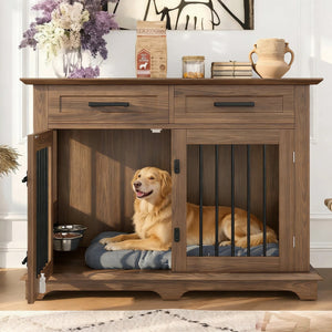 English Elm 44.48" Wooden Dog Crate End Table with Drawers Rotating Bowls Farmhouse Pet Kennel Brown N704P379112D