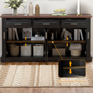English Elm 63" Fluted Mdf Sideboard with Wood Tone Top Four Doors Three Drawers Dining Storage Black W2917S00010