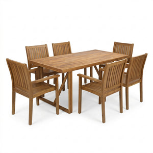 English Elm 7 Piece Solid Acacia Wood Outdoor Dining Set Teak Finish Patio Table Six Chairs N762S000030AAA