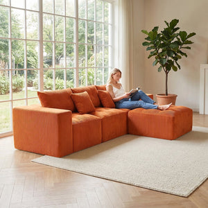English Elm 101" Modular Cloud Sectional Corduroy Upholstered Sofa Reversible Chaise Living Room Orange W1170S00054