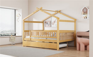 English Elm Full Size Pine House Bed with Roofline Frame and Roll Out Twin Trundle for Kids Natural LP100306AAN