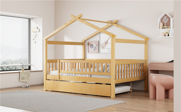 English Elm Full Size Pine House Bed with Roofline Frame and Roll Out Twin Trundle for Kids Natural LP100306AAN
